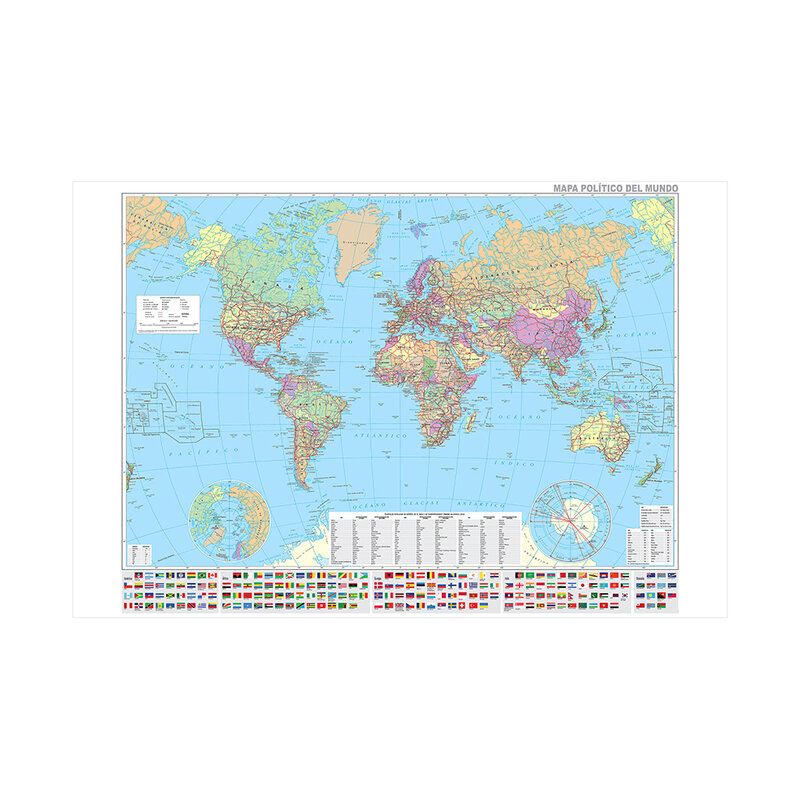 Affiche de peinture sur toile non tissée en espagnol, la carte politique du monde avec drapeaux de pays, décoration d'intérieur, fournitures scolaires, 225x150cm