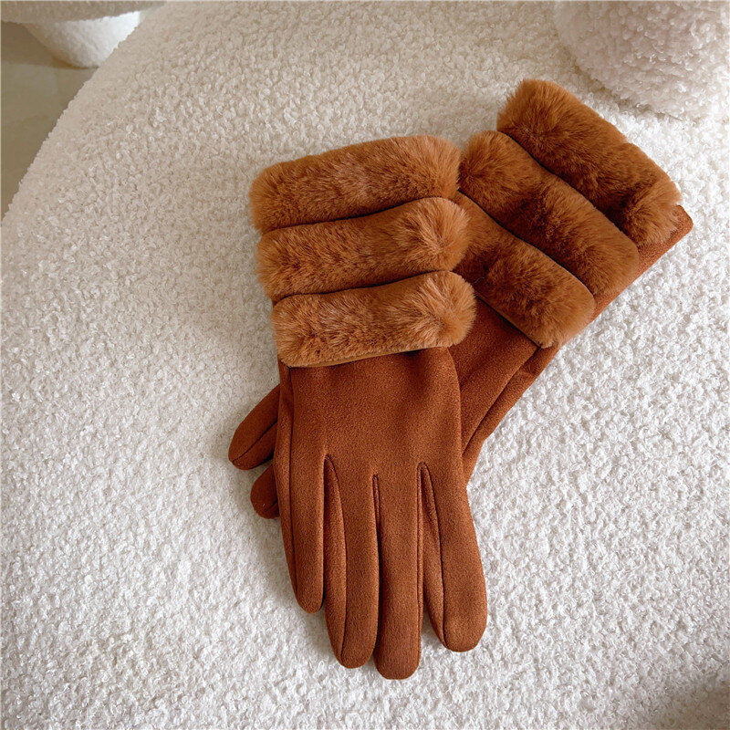 Sarung tangan Suede wanita, sarung tangan layar sentuh lembut berbulu tebal elegan modis musim dingin