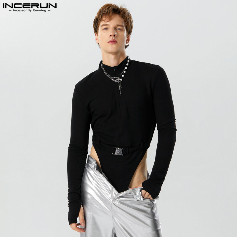 INCERUN 2023 сексуальные модные стильные мужские комбинезоны с металлической пряжкой дизайнерские наперстные Комбинезоны повседневные мужские однотонные боди с длинным рукавом