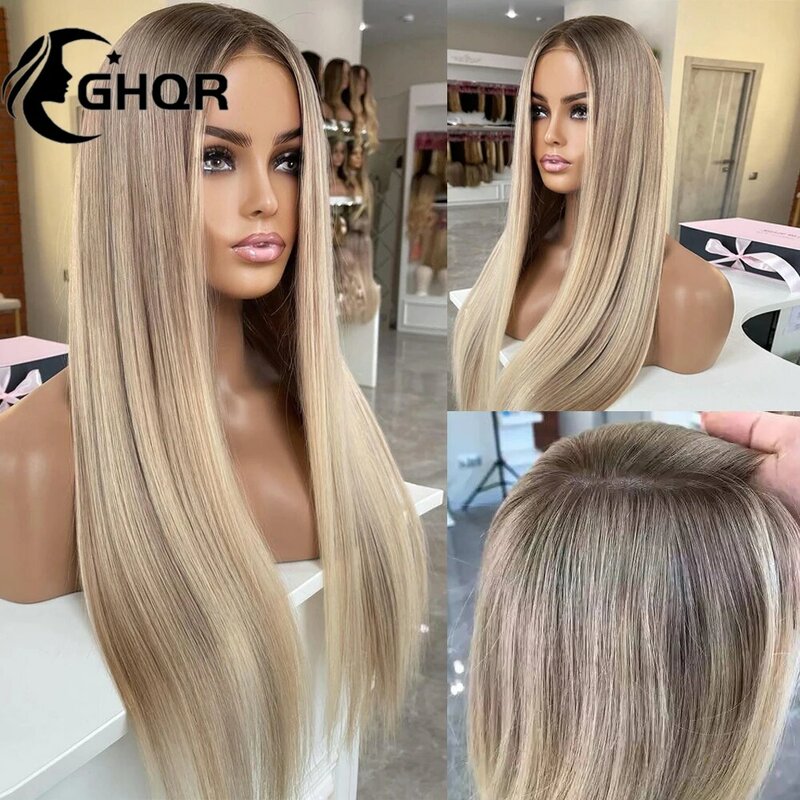 Podkreślenie peruka ludzkie włosy 360 koronkowa pełne koronkowe peruki czołowa dla kobiet HD przezroczyste proste brązowe korzenie popiołu blond brazylijskie włosy