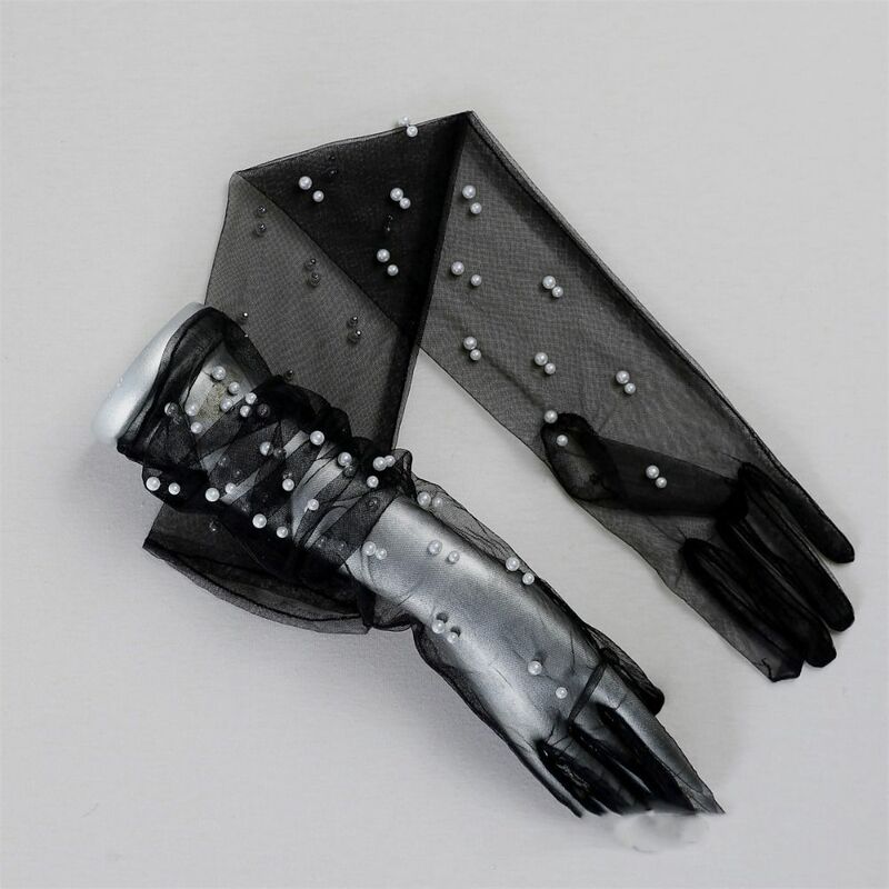Elastic Thin Autumn Dress Accessories Party Dinner Dress Wedding Bridal Mesh Gloves Lace Long Gloves Pearl Mittens