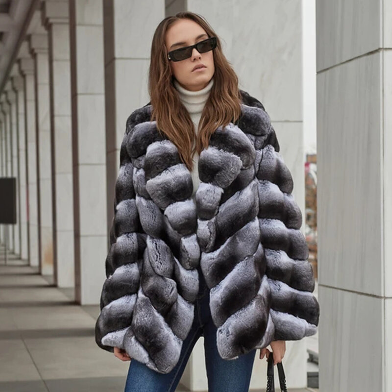 Chinchilla Fur Coat Real Rex Rabbit Fur Jacket For Women Luxury Brands Warm Winter Jackets With Hood