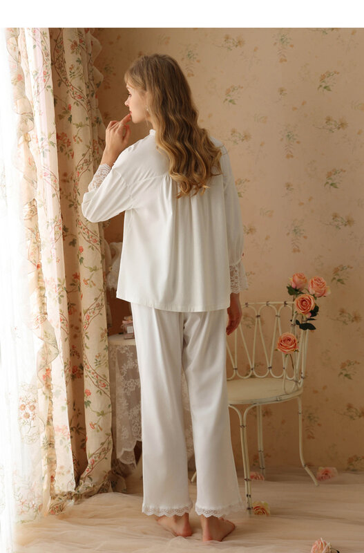 Conjunto de pijama de princesa para mujer, ropa de dormir informal, Estilo Vintage, Palacio, Apliques de encaje, ropa de salón, otoño