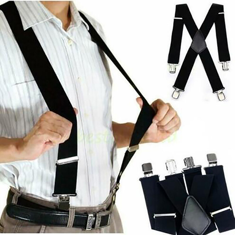Celana Suspender Pria, Suspender tinggi elastis dapat diatur 4 klip kuat, celana berat X punggung pemegang pakaian pernikahan