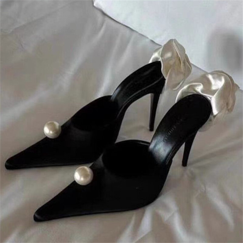 2024 New Pearl Pointed Toe Thin Heels Slippers Women Elegant Silk and Satin Rose Decor Shoes for Casual Fashion Brand Design