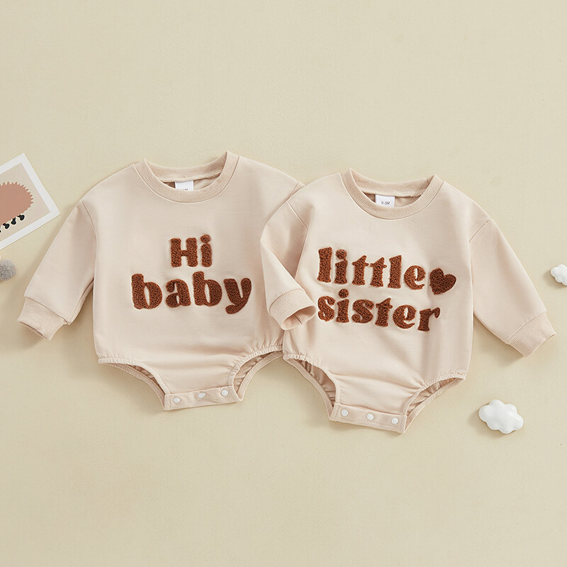 Visgogo-あいまいな文字刺繍クルーネック長袖ボディスーツ、新生児の女の子と男の子のロンパース、幼児の服