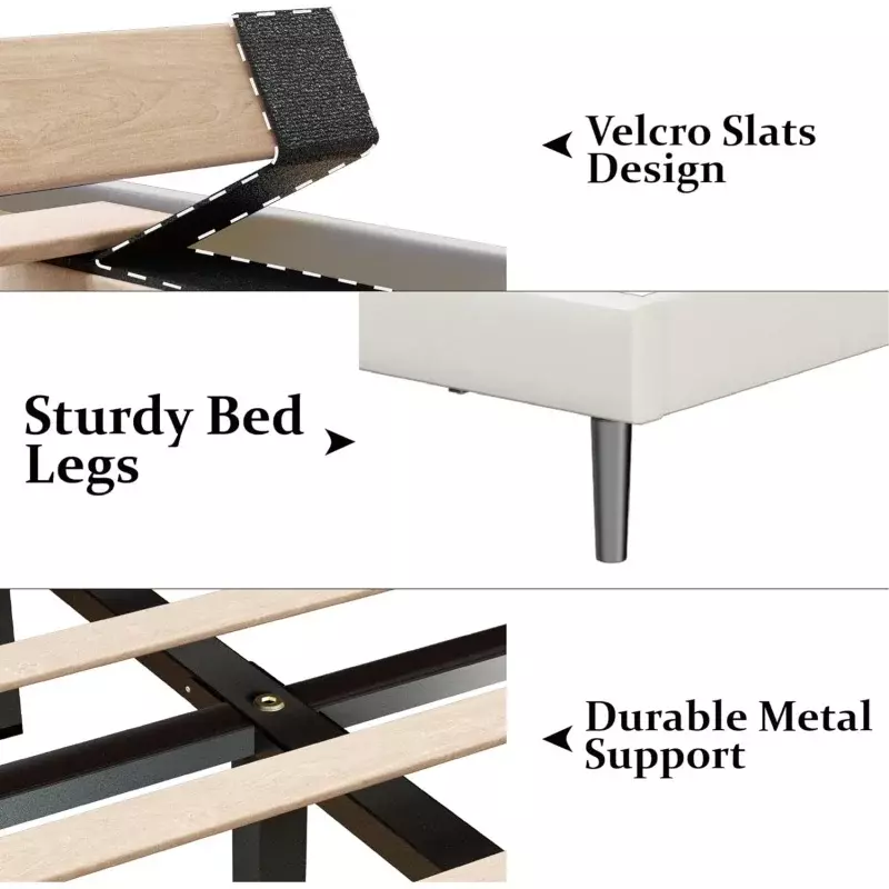 King Size Bed Frame with Velvet Upholstered Headboard, Platform Bed with Strong Wood Slats, Mattress Foundation, Box Spring Opti