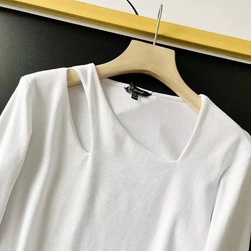 Camiseta informal de manga larga para mujer, ropa de calle de dos colores, Top de color liso, 2023