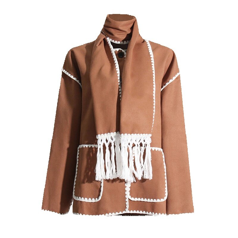 Jaqueta de lã versátil e solta feminina, design casual com cachecol de borla, gola redonda elegante, nova, outono e inverno, 2024