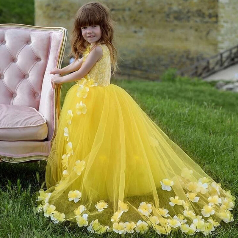 Little Bridesmaid Dress New Gold Yellow Kids Fist Communion 3D Flower New Summer Cap Sleeve A-Line Fluffy Tulle Vestido De Niña