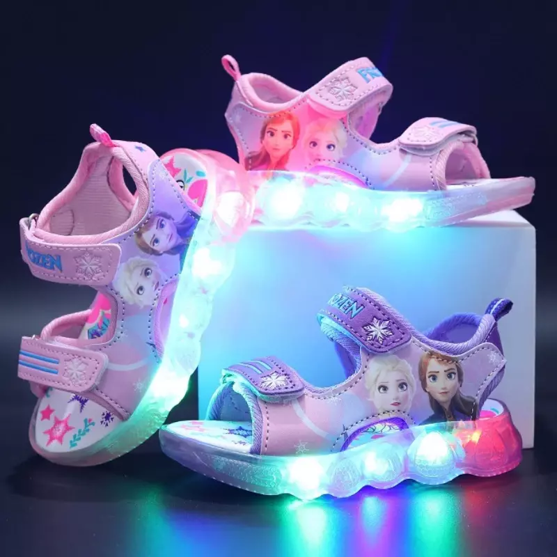 2024 Disney Boys Girls Frozen Elsa Princess Led Light Up sandali sportivi luminosi sandali estivi per bambini scarpe antiscivolo per bambini