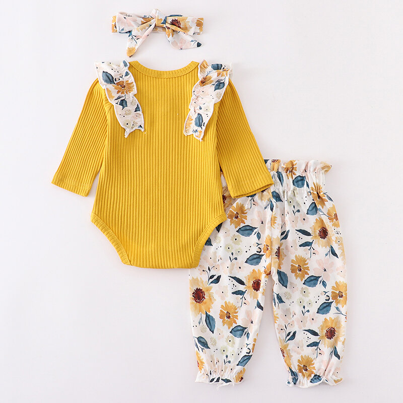 Осенняя одежда для новорожденных девочек, модные комплекты, милые длинные желтые брюки с оборками, цветочным принтом и длинным рукавом, повязка на голову, наряды для младенцев