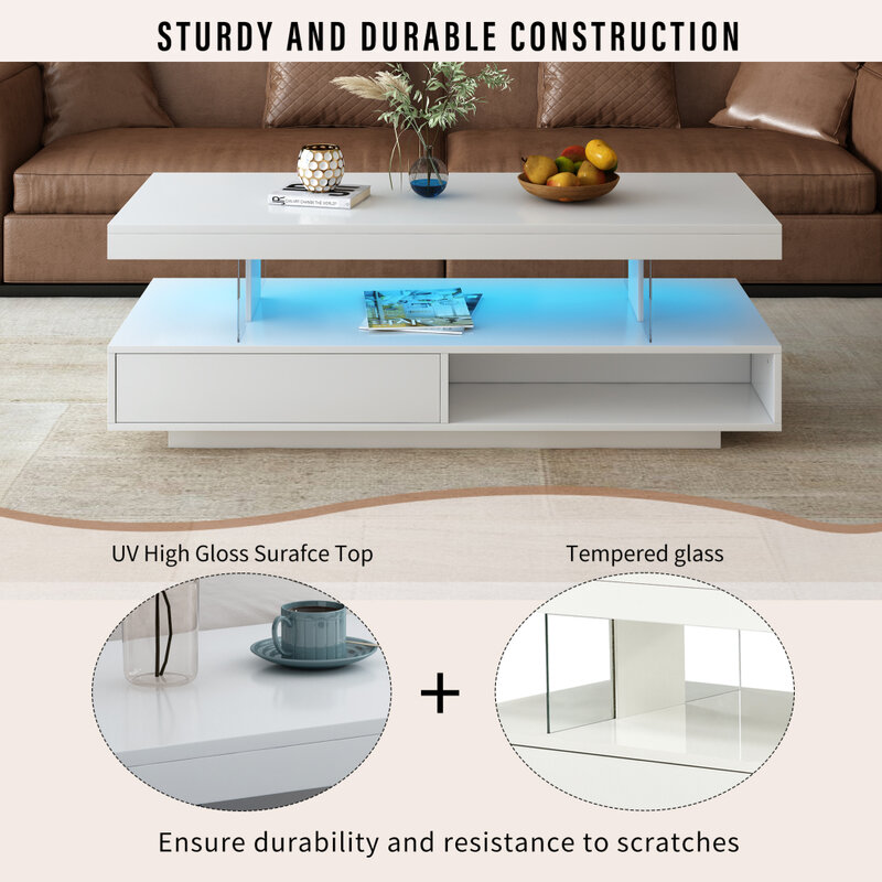 LED-Couch tisch mit 2 Schubladen Display Regale rechteckigen Mittel tisch mit LED-Licht für Wohnzimmer Home Office