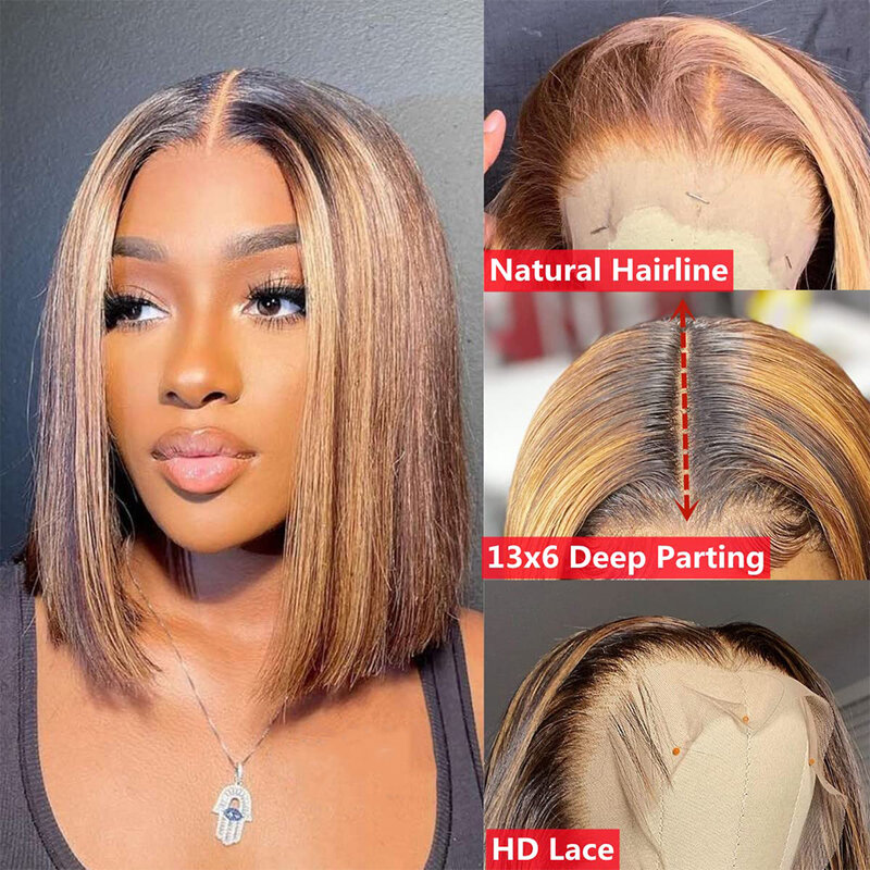 CUBIC Colored Highlight Glueless Lace Front Wigs Human Hair Pre Plucked Ombre Lace Front Wig Human Hair Pre Cut Honey Blonde