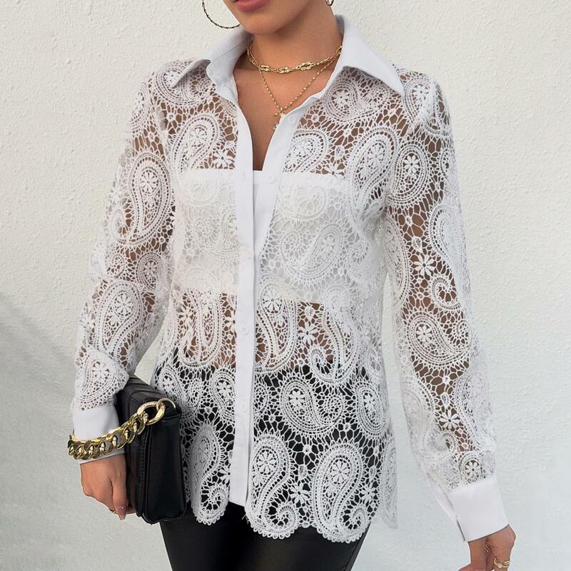 Lady Blouse Elegant Lace Hollow Out Women's Shirt with Single-breasted Turn-down Collar Long Sleeves See-through for A