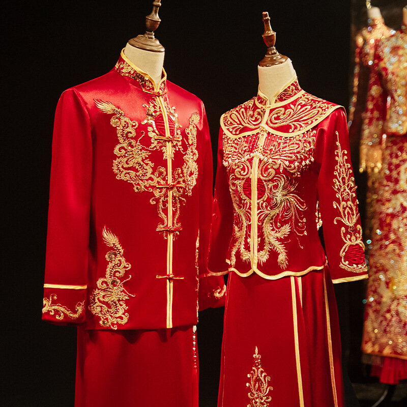 Xiuhe Kleding Bruid Chinese Oude Trouwjurk Traditionele Dragon Phoenix Geborduurde Hanfu Cheongsam Custumes Sets