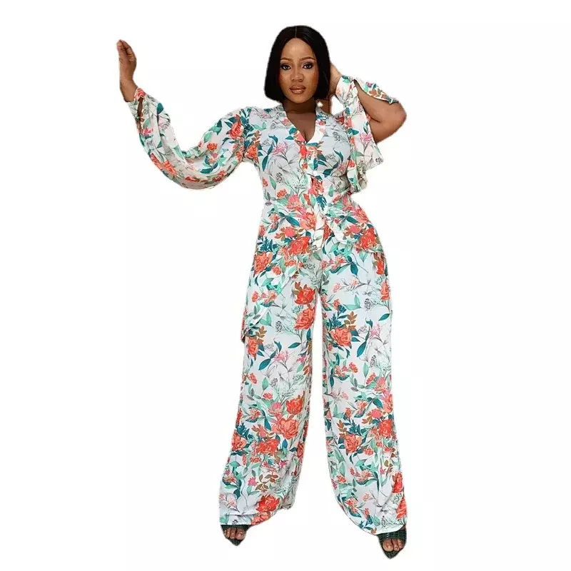 Африканская одежда для женщин, летняя модная африканская Женская одежда с длинным рукавом и V-образным вырезом, полиэстеровый комплект из двух предметов с принтом, топ и длинные брюки