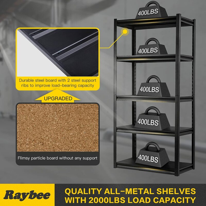 Сверхмощные металлические полки для гаража Raybee, регулируемая 5-уровневая стойка для хранения, подвал весом 2000 фунтов, стеллажи для гаража
