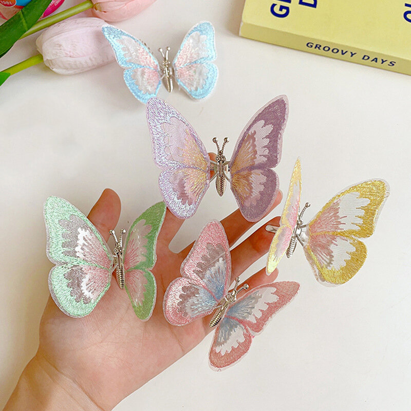 Movendo borboleta bordado hairpin, acessórios de cabelo tridimensional, decoração para meninas, estilo chinês