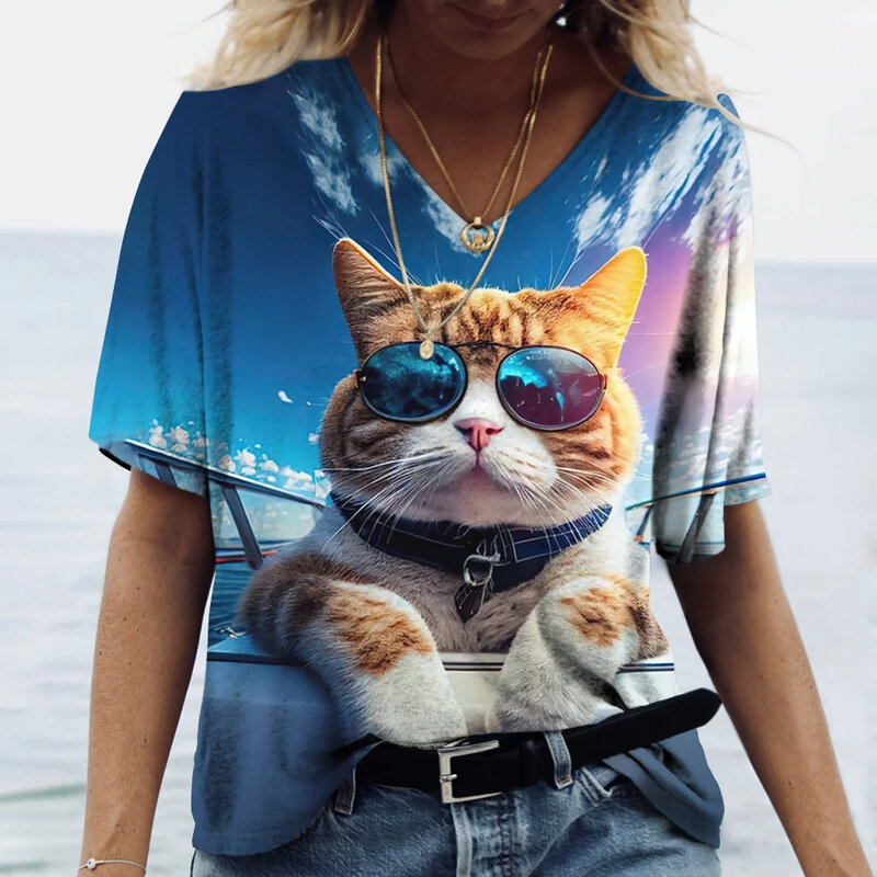 女性用半袖VネックTシャツ,かわいい子猫のプリントが施された3D原宿服,女の子向けのルーズでカジュアルな服,ファッショナブル,夏