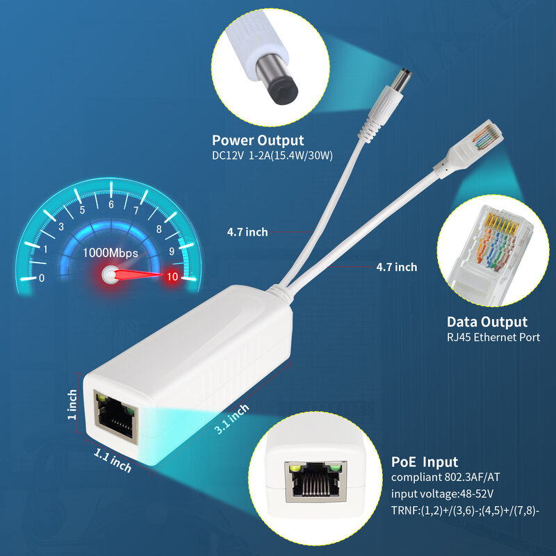 Разветвитель Gigabit PoE адаптер-форсунка, выход 12 В, 2 А, 5,5x2,1 мм DC, IEEE 802.3AF/at, подходит для IP-камер, IP-телефонов и т. Д., 2 шт.