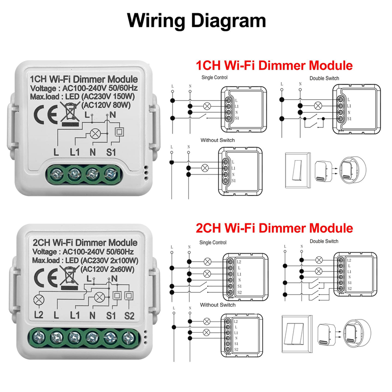 Tuya WiFi Smart Dimmer Switch Módulo 10A, Suporte 2 Way Control, 1 Gang, Compatível com o Google Home, Alexa, Smart Life App