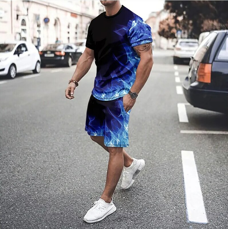 The latest men's casual and fashionable round neck T-shirt set summer 3D flame splicing shorts short sleeved  two-piece set