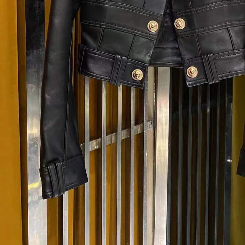 여성용 진짜 가죽 재킷, 용수철 코트, 매우 짧은 길이, O-넥 칼라 격자 장식, 고품질, 새로운 패션, 2023