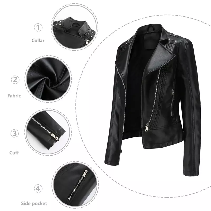 2024 abbigliamento in pelle PU con perline da donna giacca in pelle da motociclista con risvolto moda taglia europea