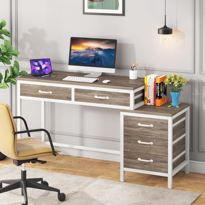 Desks with 5 Drawers, Home Office Desks with Reversible Drawer Cabinet Printer Stand,