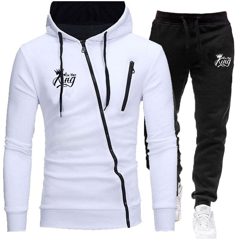 Men's Personalized Fun Diagonal Zipper Hoodie Set Printed Sportswear Set men Jacket + Jogging Pants 2-piece Sportswear