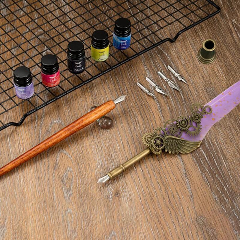 1 Set Feather Dip Pen Set Nice-looking Vintage Wood Glittering Signature Quill Pen Ink Set Stationery Supplies