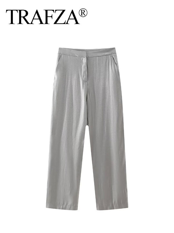 TRAFZA Spring Long Pants Woman Trendy Silver High Waist Pockets Buttons Zipper Trousers Female New Fashion Wide Leg Pants