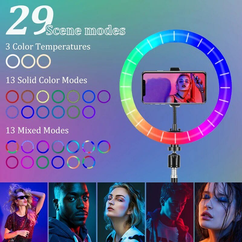 Foto LED Ring Light 26cm Selfie Ring Lamp con treppiede Clip per telefono dimmerabile RGB Video Fill Light of YouTubeMakeup Video Streaming