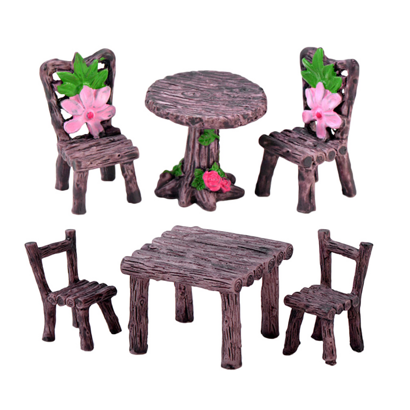 2 Sets Micro Landscape Ornament Out Door Decor Table Stool Wooden Resin