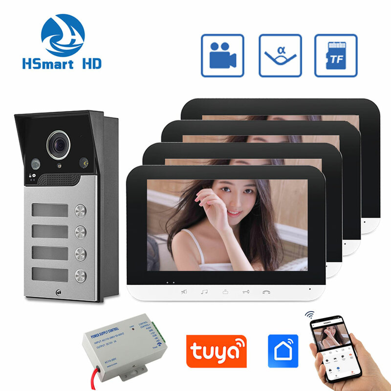 Tuya WiFi 7 inch Monitors 2/3/4 Apartment/Family Video Door Phone Intercom System IR Doorbell Waterproof Camera Access Control