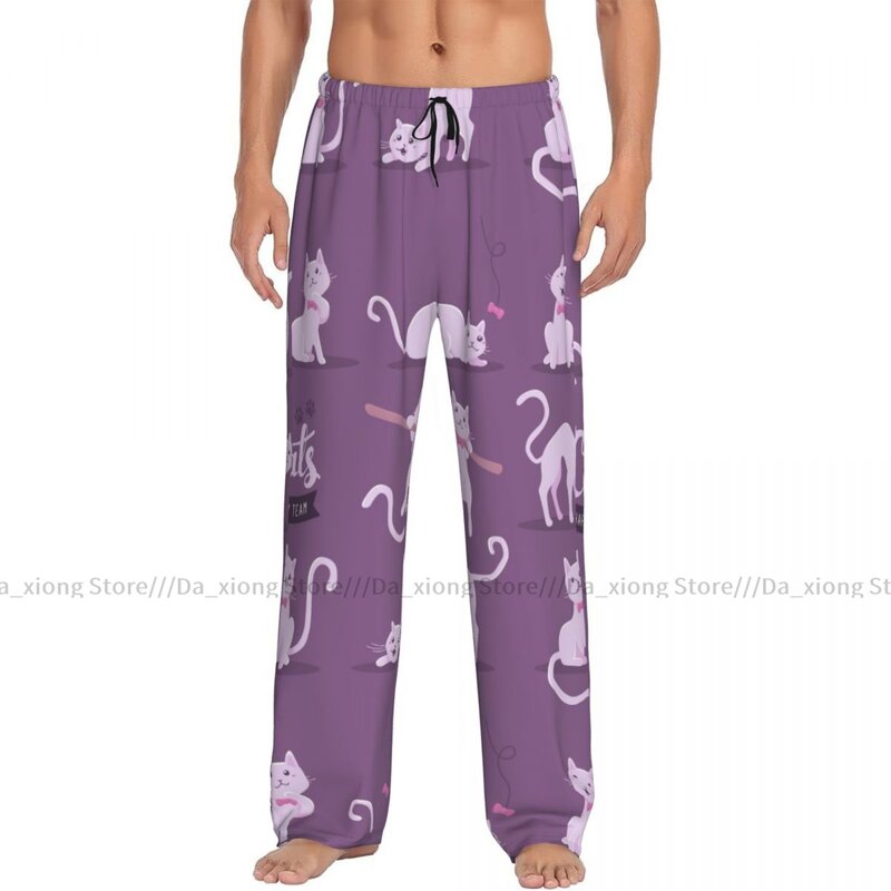Pijama solto casual masculino, pijama confortável, calça para dormir, rosto de gato, calça lounge