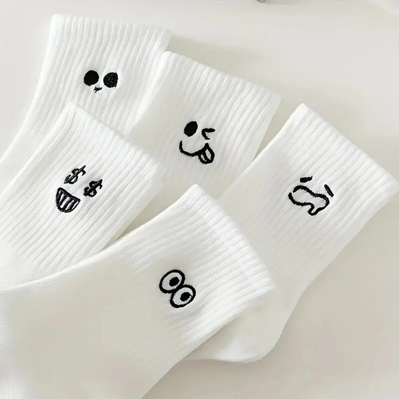 5 Pairs Women's Cartoon Socks Round Neck Mid Tube Fashionable Cute Expression Pattern Socks Casual Breathable Autumn Girls Socks