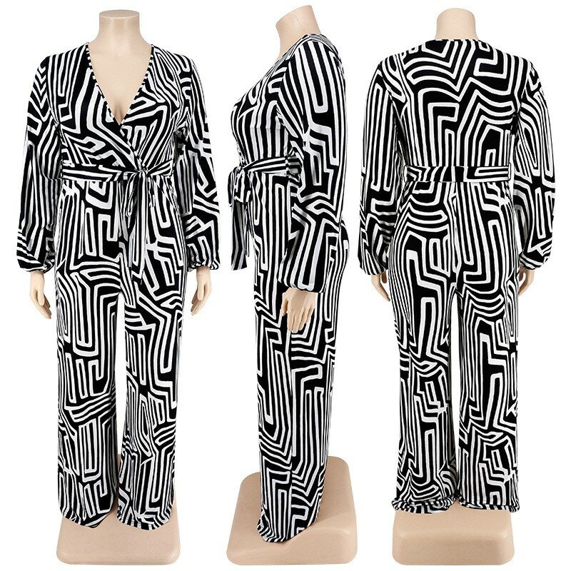 African Clothing Jumpsuit Bodysuit Dashiki Printed V Neck Long Sleeved Jumpsuit Sexy Women's Loose Straight Trousers Spring 2023