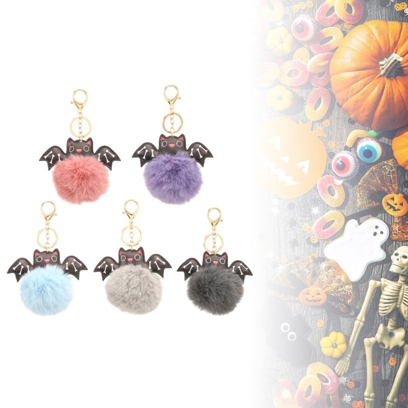 Halloween Bat Keychain Plush Ball Keyring Keychain Charm Accessories Handbag Pendant Halloween Party Favor Supplies J60A