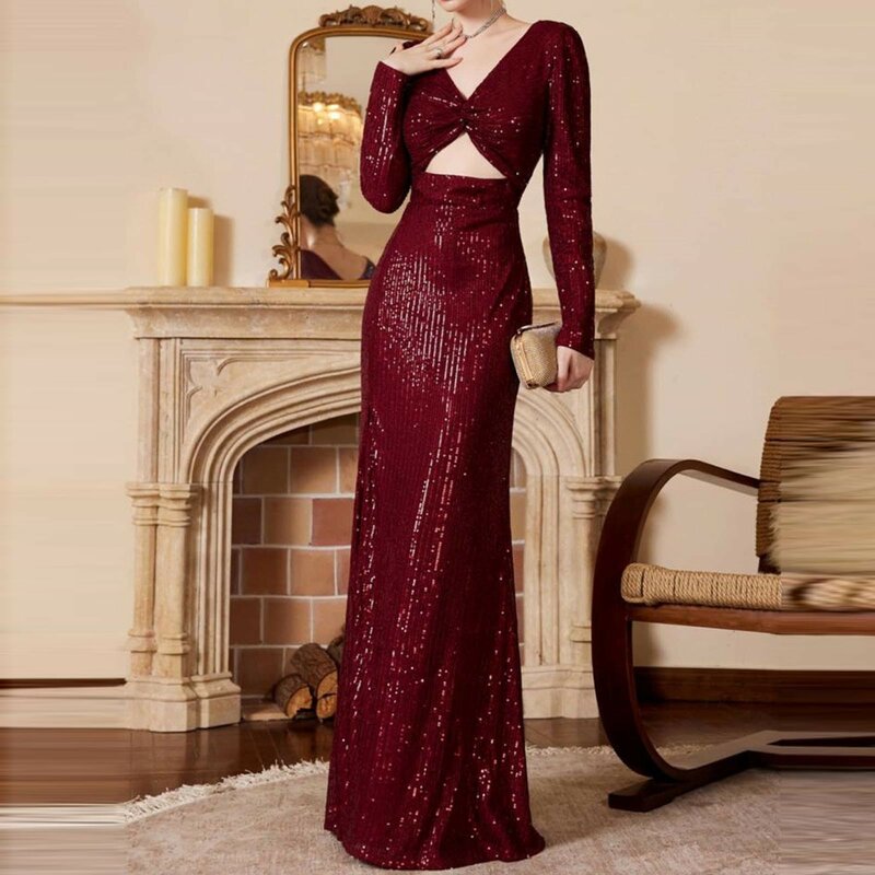 Powrót do domu sukienka 2024 elegancka, długa rękaw dekolt w szpic z wyciętym rozcięcia po bokach brokatem świecący cekin czerwona sukienka w stylu Vintage