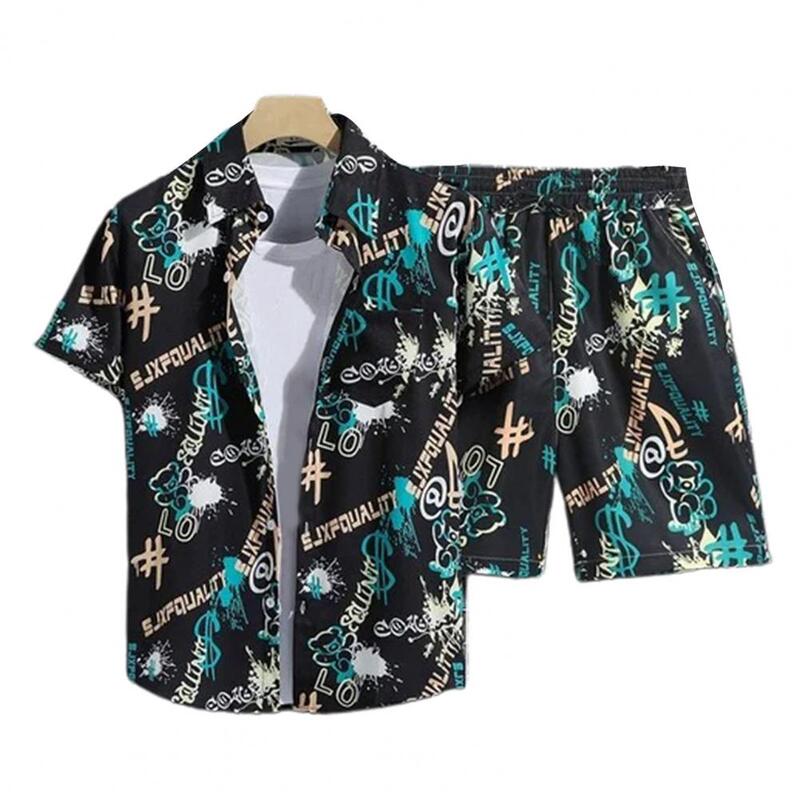 Roupa casual estilo havaiano, camisa de manga curta, single breasted, top com cordão elástico, perna larga, calções de praia
