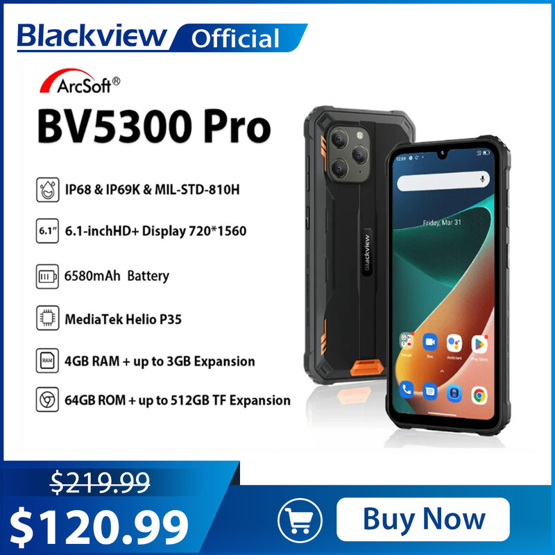 Blackview-Smartphone BV5300 Pro, téléphone portable robuste et étanche IP68, Android 12, P35, 4 Go, 64 Go, caméra 13MP, 6580mAh
