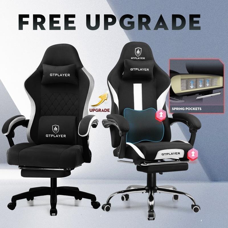 GTPLAYER Office Gaming Chair with Pocket Spring Cushion Ergonomic Chair with 360° Swivel Seat Soft Fabric Gaming Cwith Footrest