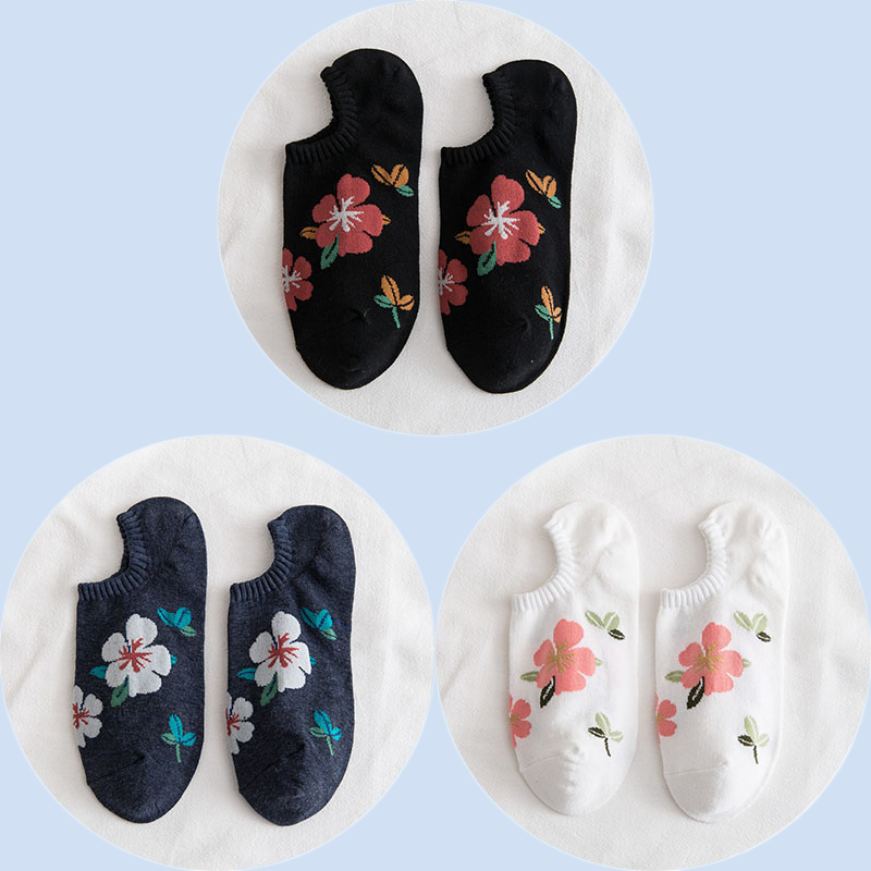 Meias de algodão femininas, de alta qualidade, invisível, casual, até o tornozelo, decotada, com design de flores, moda, primavera, 3 pares