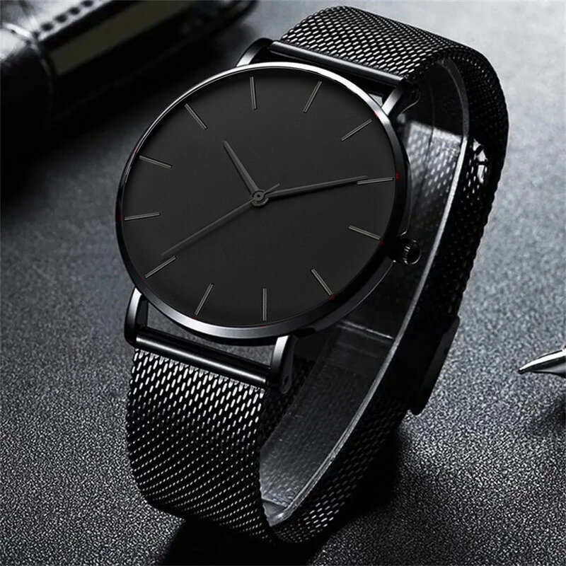 3PCS Set Fashion Mens Ultra Thin Simple Watches Men Business Casual Hand Rope Necklace Stainless Steel Mesh Belt Quartz Watch