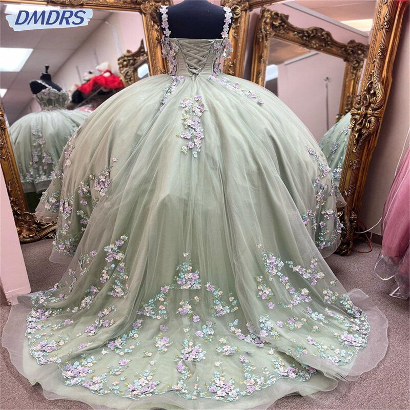 Urocza świecąca ukochana 3D kwiaty tul sukienka na Quinceanera suknia balowa rozkloszowana sukienka 16 urodziny debiut vestido