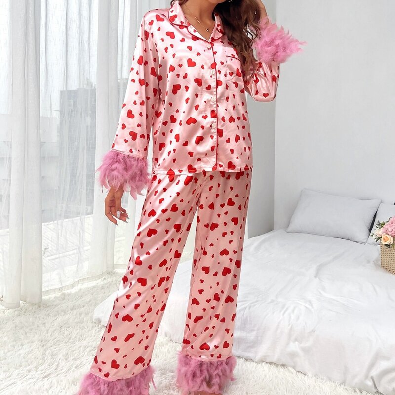 New Pajamas Set for Women Love Print Feather Loungewear and Straight-leg Pants Set Shirt Trousers Two Piece Sets Womens Outifits