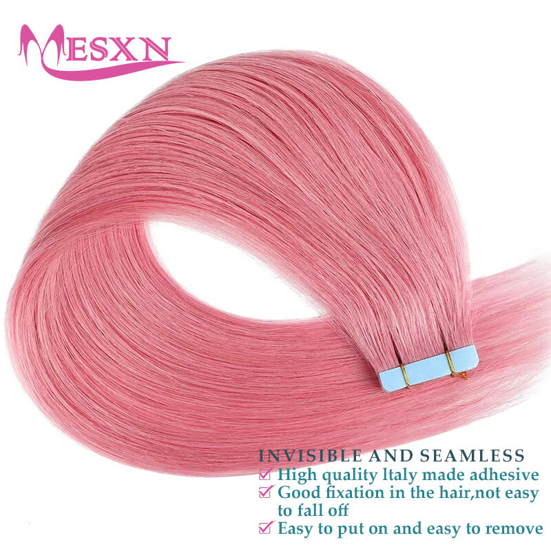 MESXN pita warna dalam ekstensi rambut alami manusia asli Ekstensi warna ungu biru merah muda abu-abu 18-20 inci 2g/potong
