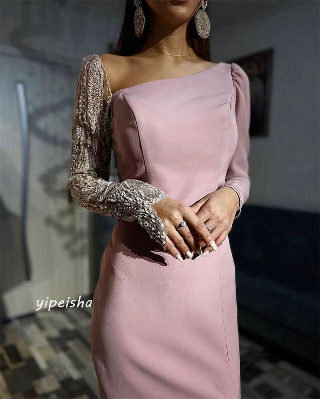  Evening Saudi Arabia Jersey Beading Pleat Cocktail Party A-line Off-the-shoulder Bespoke Occasion Gown Midi Dresses